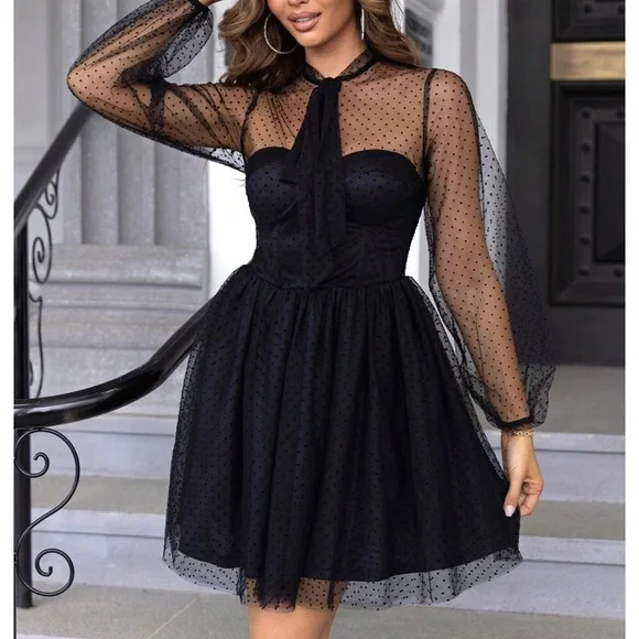 Luxe Polka Dot Sheer Evening Black Tie Formal Holiday Party Dress - Picture 2 of 4